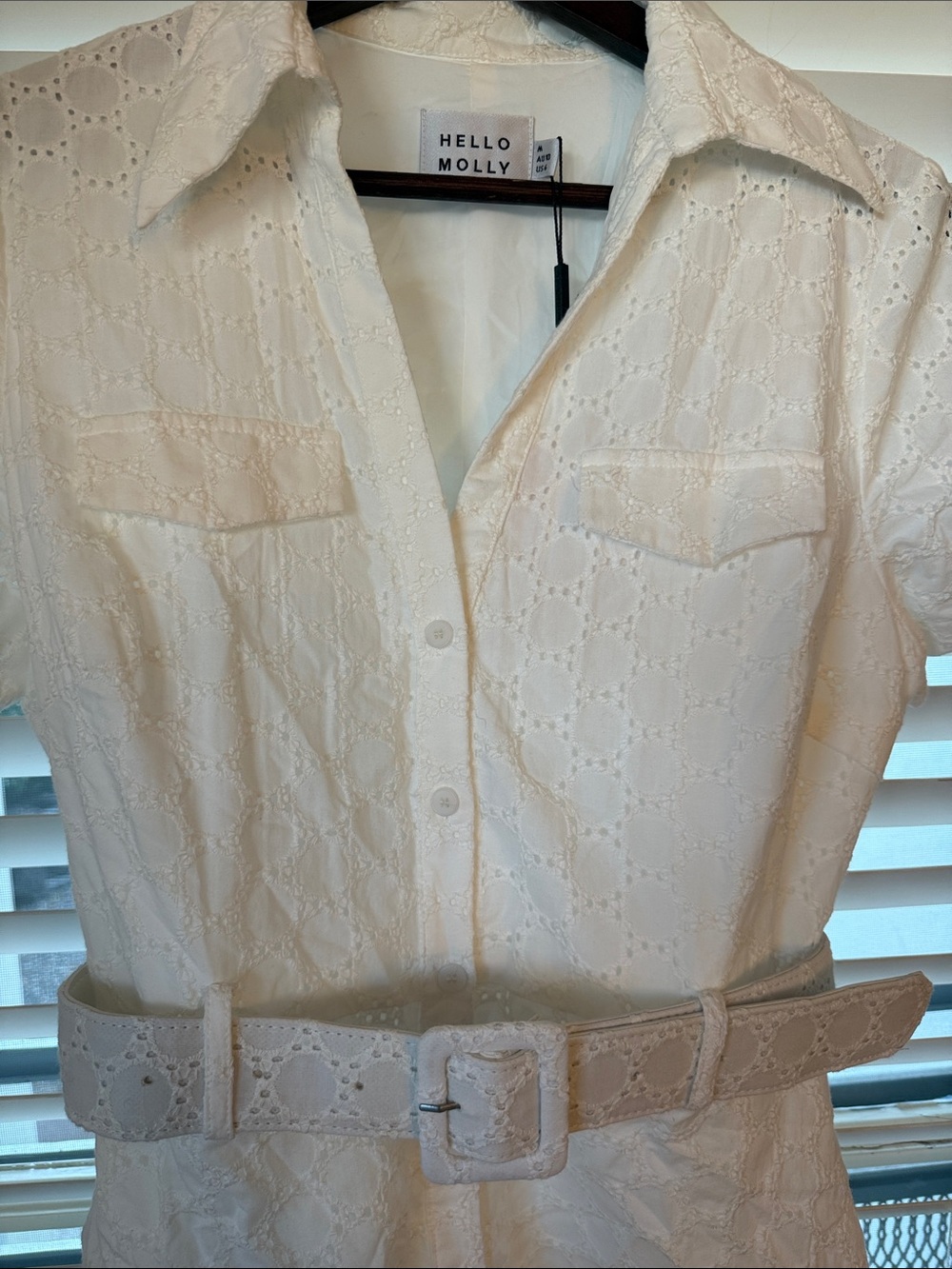 Hello Molly White Eyelet Button-Down Romper with Belt